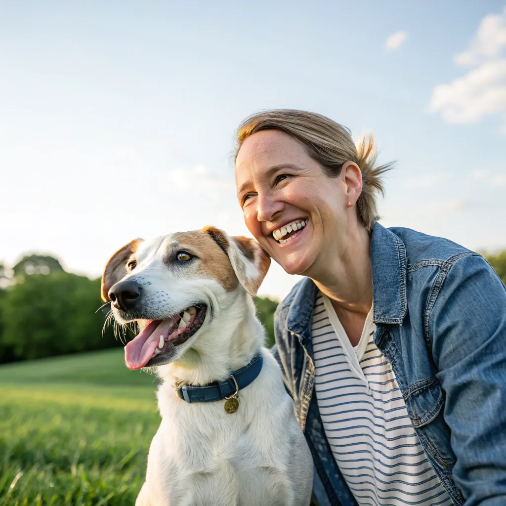 Happy dog owner smiling