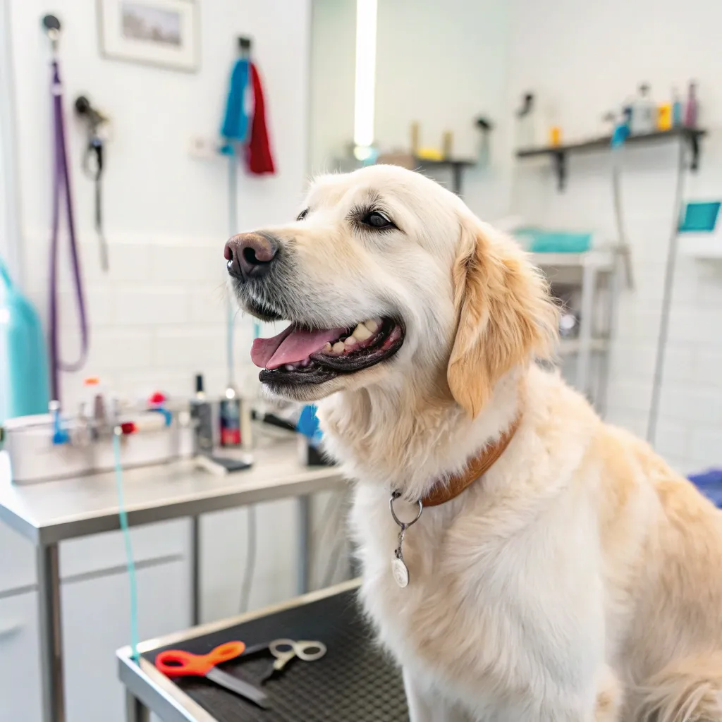 Happy groomed dog at pet salon