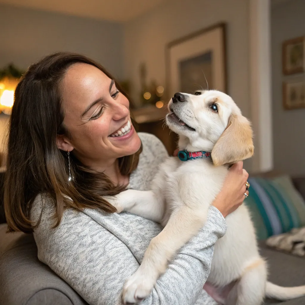 Woman holding a happy puppy